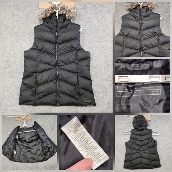 Eddie Bauer Womens XL Goose Duck Down Black Hooded Faux Fur Puffer Vest Jacket - Picture 1 of 16